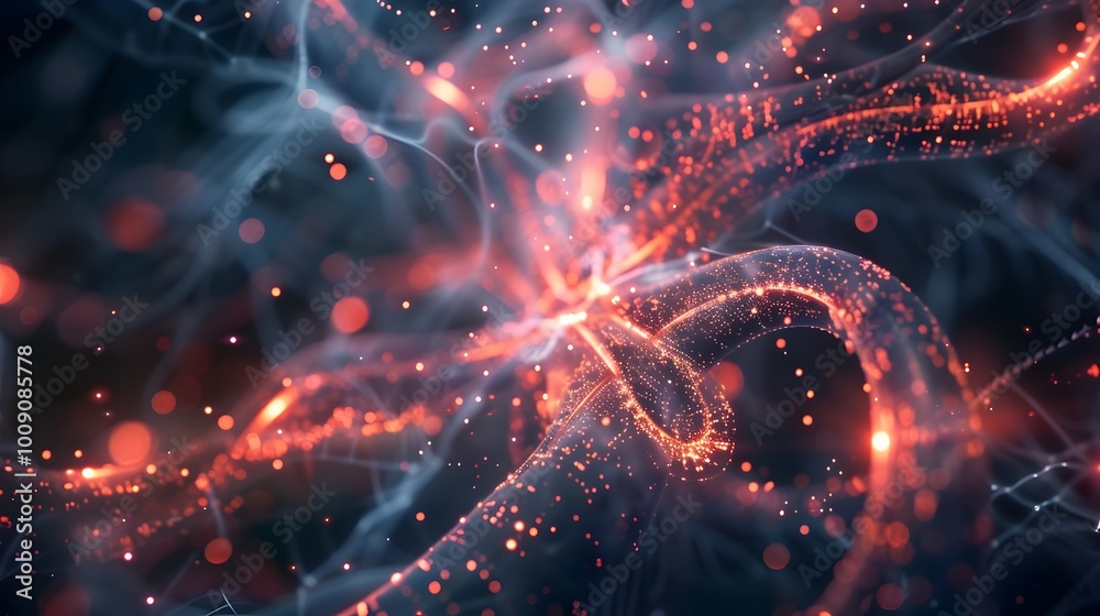 Poster quantum encryption visualization with entangled particles and glowing data streams
