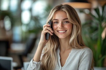 Fototapeta premium Happy business woman having a phone call in an office, Generative AI