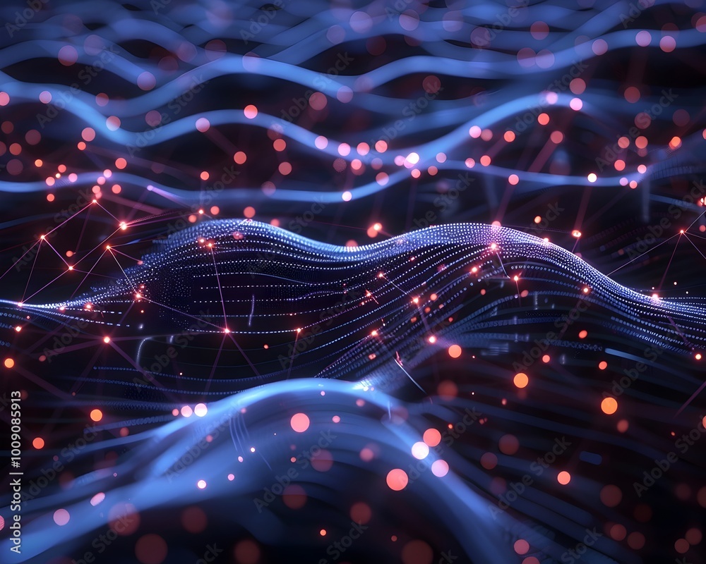 Poster futuristic quantum network diagram with glowing particles and data flows