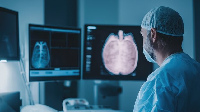 Urologist showing a patient images of the bladder during a consultation for bladder cancer.