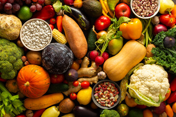 A collection of ripe fresh organic seasonal vegetables from an autumn farm harvest, organic local seasonal vegetables