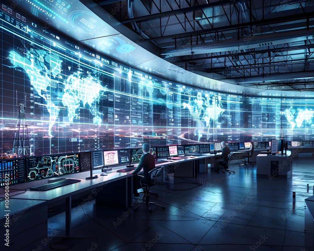 Poster engineers monitoring holographic smart grid display for optimized power distribution
