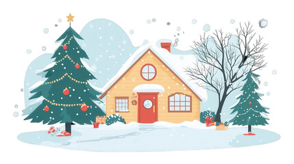 Flat Village House Icon for Christmas, Cozy Holiday Home Design, PNG File, Transparent Background.