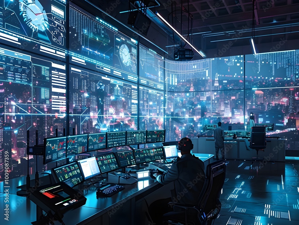 Poster technicians monitoring smart grid in a futuristic megacity command center