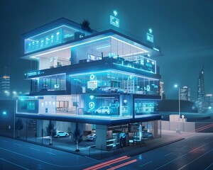 Fototapeta premium Futuristic Smart Grid Powered High Tech Office Building in Glowing City Skyline at Night