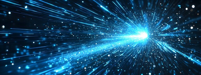 Fototapeta premium Blue light rays background with glowing speed lines and a starry sky, an AI technology digital concept background for futuristic science or space travel