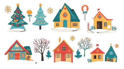 Flat Village Scene Icon with Small Cottages for Christmas, Whimsical Holiday Landscape Design, PNG File, Transparent Background