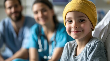 Young child undergoing treatment for cancer, surrounded by supportive family and medical staff.