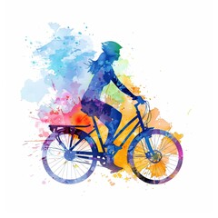A cyclist in motion, illustrated in a dynamic watercolor style with colorful splashes that bring the scene to life on a white background.