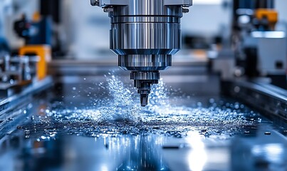 CNC Machine Carving Metal Part with Coolant and Metallic Shavings