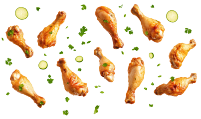 Fried chicken legs flying in the air on a transparent background. 