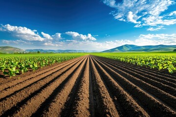 A field of freshly planted crops stretches out under a bright blue sky.