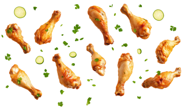 Fried chicken legs flying in the air on a transparent background. 