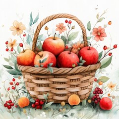 A beautiful watercolor illustration of a basket filled with colorful apples and surrounded by vibrant flowers and greenery.