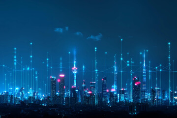 Abstract Digital Cityscape with Glowing Dots and Lines Forming Futuristic Urban Landscape