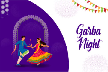 Couple performing dandiya and dancing garba sale and promotion advertisement background