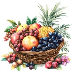 A vibrant watercolor illustration of assorted fruits in a basket, featuring apples, grapes, pineapple, and tropical foliage.