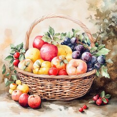 A vibrant watercolor painting of a fruit basket filled with fresh apples, pears, cherries, and grapes, showcasing abundance and color.