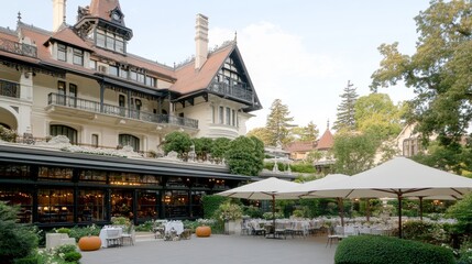 Obraz premium A dark eerie castle with glowing pumpkins placed along the walls