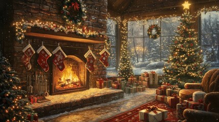 Fototapeta premium Cozy holiday living room with decorated Christmas tree, stockings by the fireplace, and wrapped gifts, creating a festive winter ambiance.