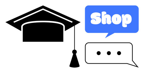 Black graduation cap, blue speech bubble with text Shop, and black chat symbol with three dots. Ideal for e-learning, retail, academic commerce, online shopping, education, and customer