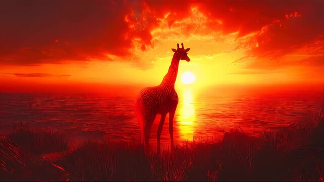 A lone giraffe walking through a golden field at sunset