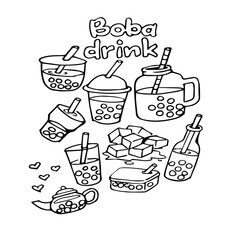 Boba drink doodle set hand drawn vector illustration