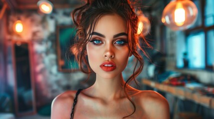 Fototapeta premium Bold Woman with Edgy Makeup in Trendsetting Setting