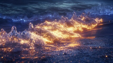 Fototapeta premium Waves of glowing, flowing light gently crash onto a shore of translucent crystals, illuminating the otherworldly shoreline.