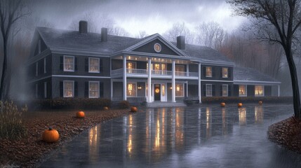 Fototapeta premium A dark twisted mansion with glowing pumpkins placed around the entrance