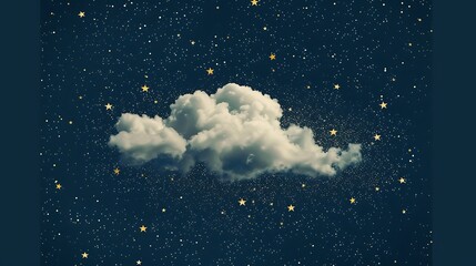 Fototapeta premium A playful fluffy cloud surrounded by tiny stars on a deep navy backdrop.