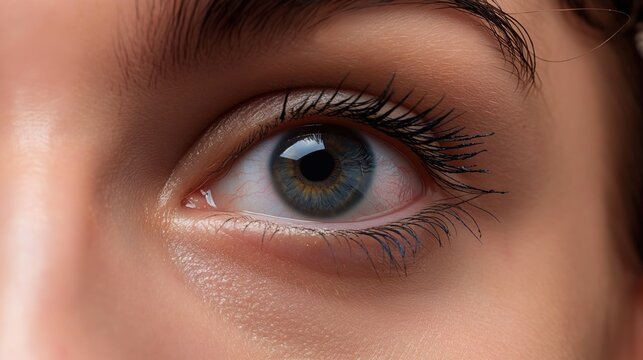 Close-up of a person eye with vibrant blue iris, dark blue pupil, black eyelashes, and lighter brown eyelid. Eye anatomy, eye health, blue eyes, dark circles, skin tone.