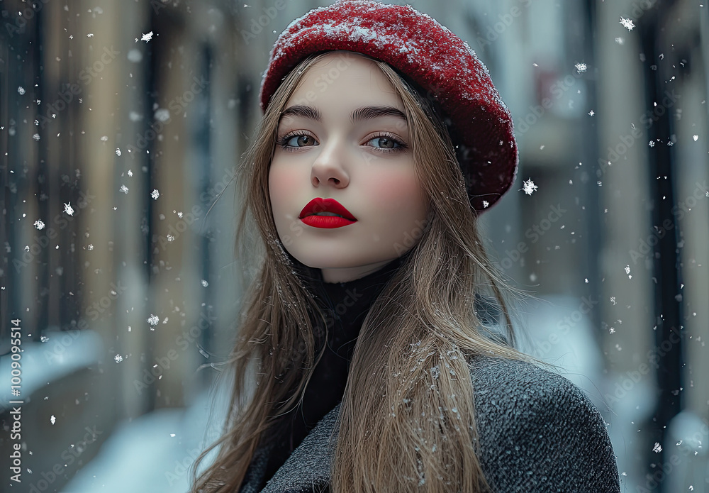 Sticker Beautiful woman in a grey coat and red beret with long hair, against a winter background with snow falling outside, looking directly at the camera in a close-up portrait.