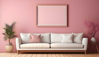 Naklejka premium pink wall room with white frame sofa , wooden surface , frame mock-up and parquet floor in workspace for poster presentation your product