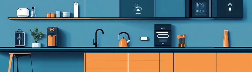 Modern kitchen with blue cabinets and orange accents, featuring appliances and sleek design elements for an urban lifestyle.