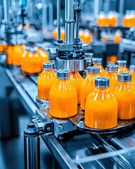 Fototapeta premium Bottles of orange juice move down a conveyor belt in a factory setting.