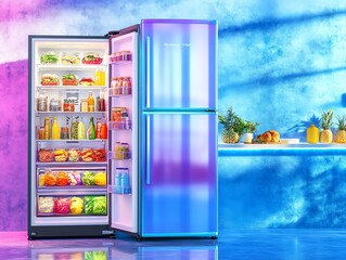 Modern dual door refrigerator with colorful interior filled with various groceries, fruits, and drinks in a stylish, vibrant kitchen setting.