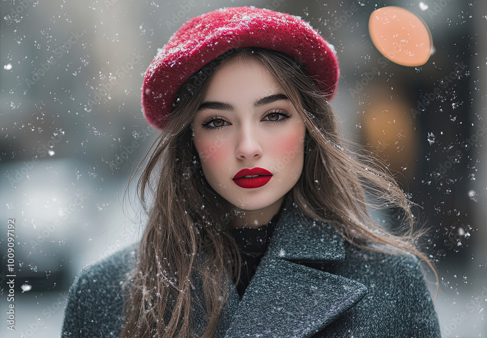 Sticker A beautiful woman with long hair, wearing red lipstick and a gray coat in the snow, a red beret, and a street background.