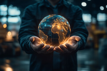 Fototapeta premium Dark Background with Glowing Globe. A man holds a glowing globe symbolizing innovation and global connection. Suitable for technology, business, or environmental themes.