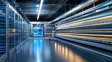 Rows of servers in a modern data center, illuminated by bright lights.