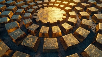 Obraz premium An aerial view of a collection of gold bars arranged in a circular pattern, symbolizing abundance and prosperity in a visually striking way.