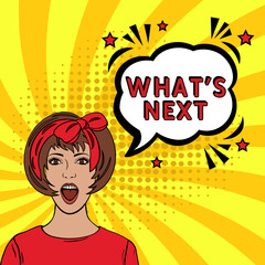 What's next. Comic book explosion with text - What's next. Vector bright cartoon illustration in retro pop art style. Can be used for business, marketing and advertising. Banner flyer pop