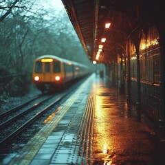 Fototapeta premium A quiet train platform with muted tones and soft lighting, 