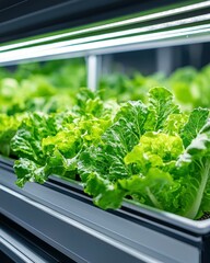 Fresh lettuce grows under grow lights in a hydroponic farm.