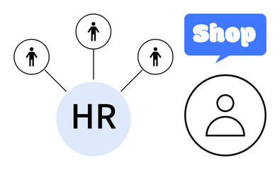 HR connected to three figures and a shop speech bubble with a user icon. Ideal for business, HR management, online shopping, team collaboration, and networking themes. Simple flat vector style