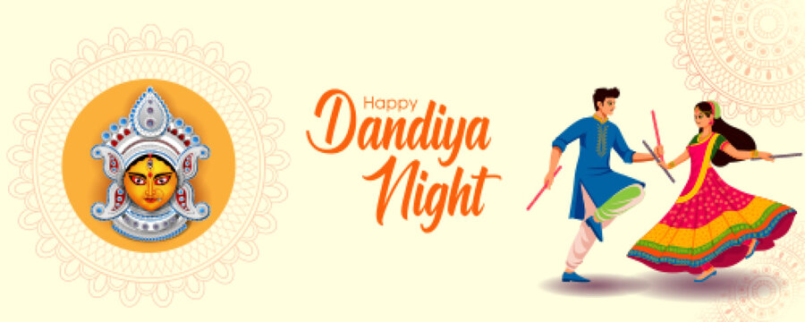 Couple performing dandiya and dancing garba sale and promotion advertisement background