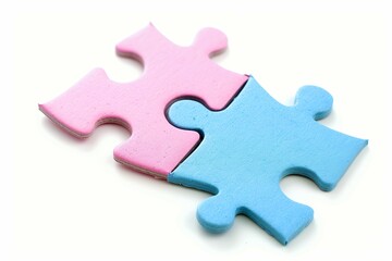 Obraz premium Two puzzles, pink and blue, matching each other on a white background symbolize the relationship between two people.
