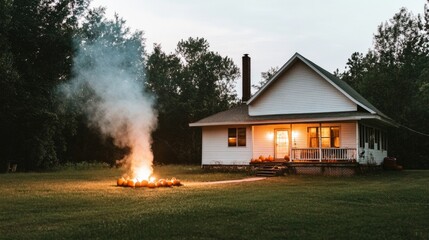 A haunted Victorian house with pumpkins placed on the steps leading up to the front door