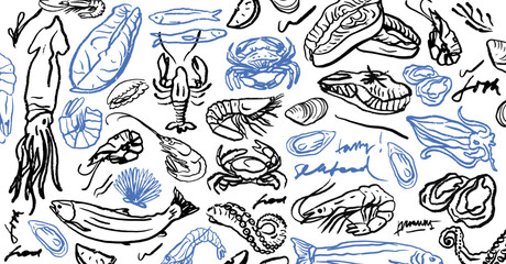 Fototapeta premium Isolated vector set of seafood. Shrimps, langoustines, prawns, salmon, trout, oysters, mussels, squid, crab, lemon, octopus, rosemary, sea urchin. Hand-drawn seafood delicacy, restaurant. Sketch. 
