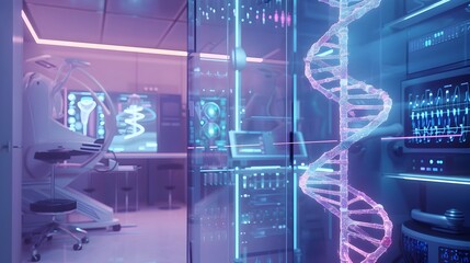 Futuristic Clinic with Holographic DNA Strands for Personalized Gene Therapy Treatments